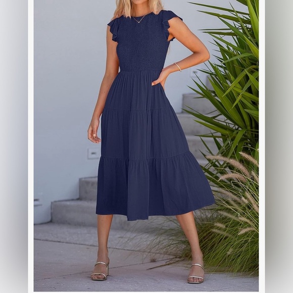MEROKEETY  Flutter Short Sleeve Smocked Midi  Summer Casual Tiered A-Line Dress - Picture 5 of 8